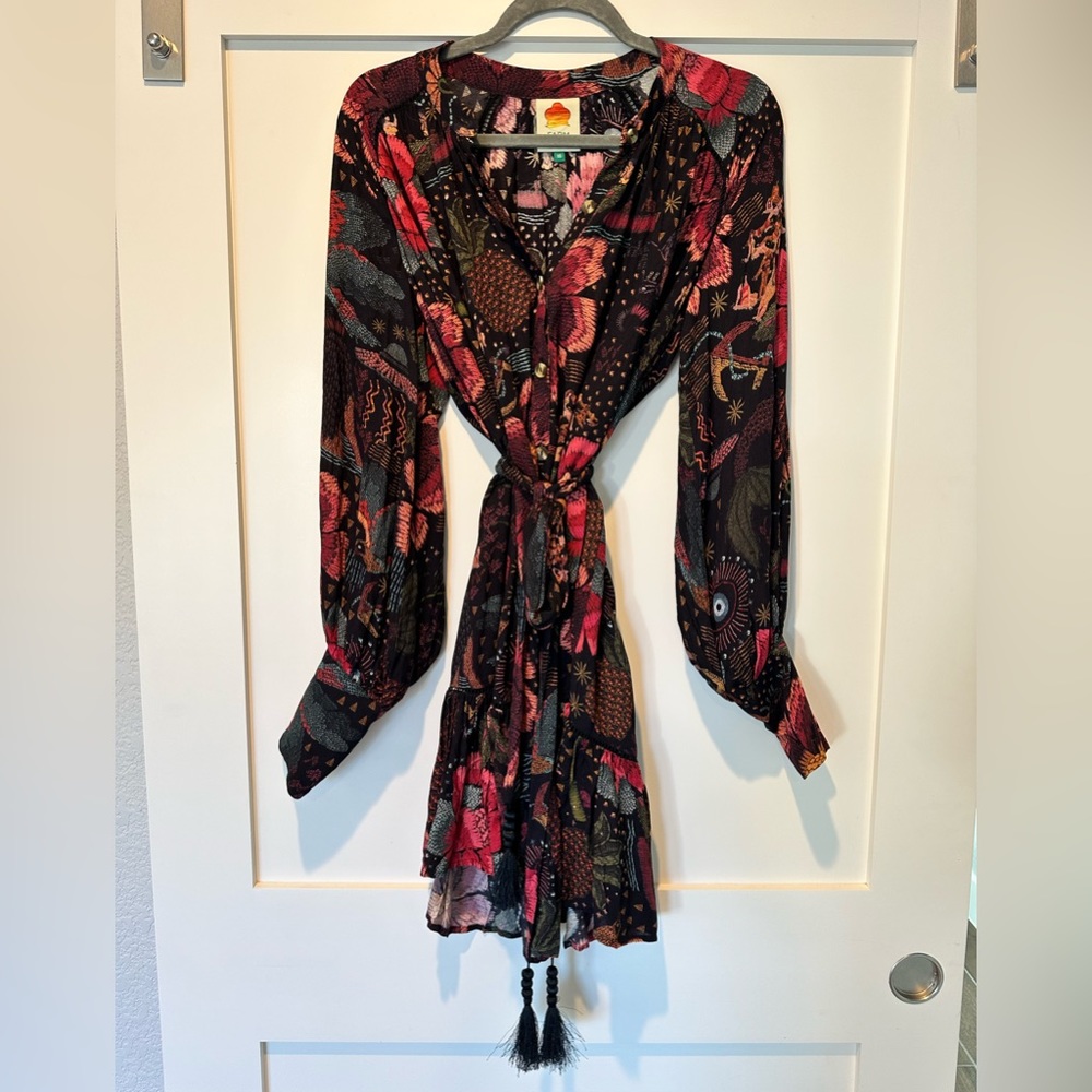 Farm Rio patterned dress with long sleeves and tassel belt detail
